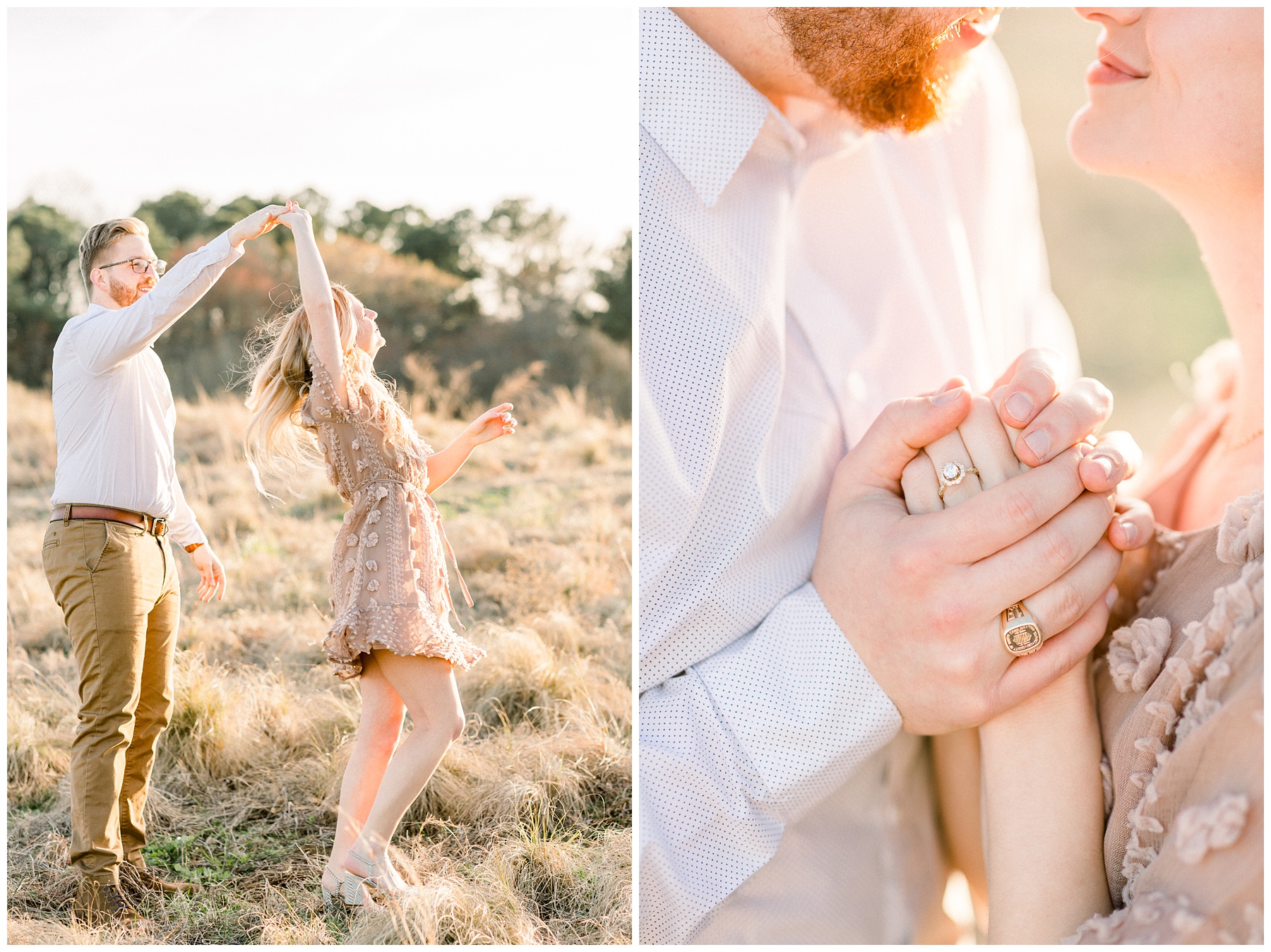 North Carolina Museum of Art Spring Engagement Session in Raleigh North Carolina. Twirling in Sun soaked fields at sunset
