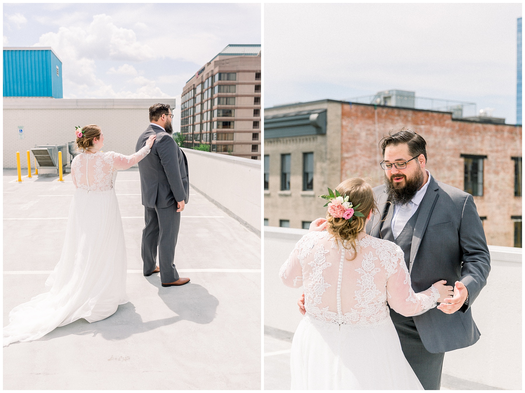 Blush Summer Wedding at Pine and Poplar in Durham North Carolina. Rooftop Bride and Groom First look