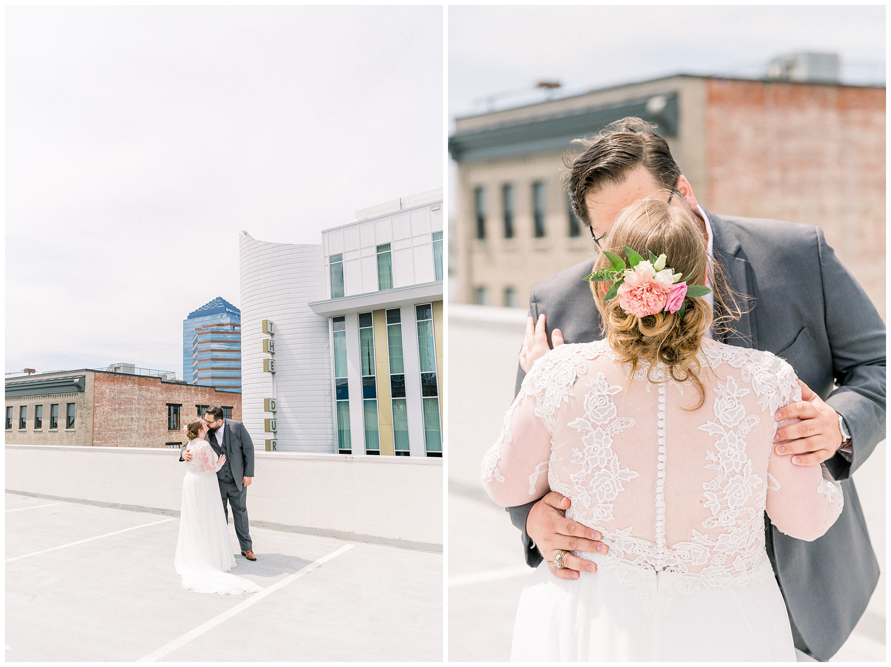 Blush Summer Wedding at Pine and Poplar in Durham North Carolina. Rooftop Bride and Groom First look