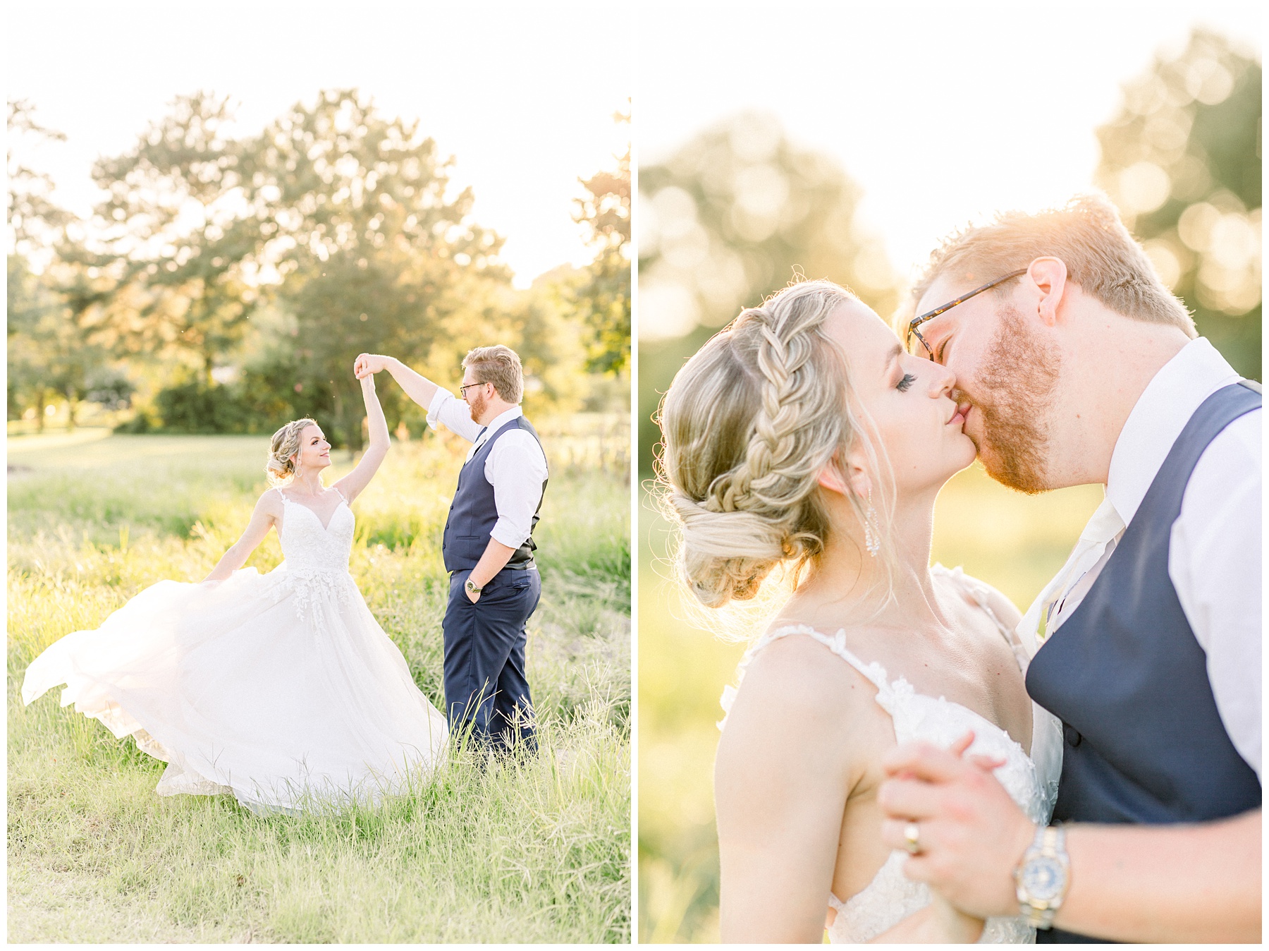 Goldsboro North Carolina sage green and blush Coronavirus wedding. Raleigh NC golden hour bride and groom