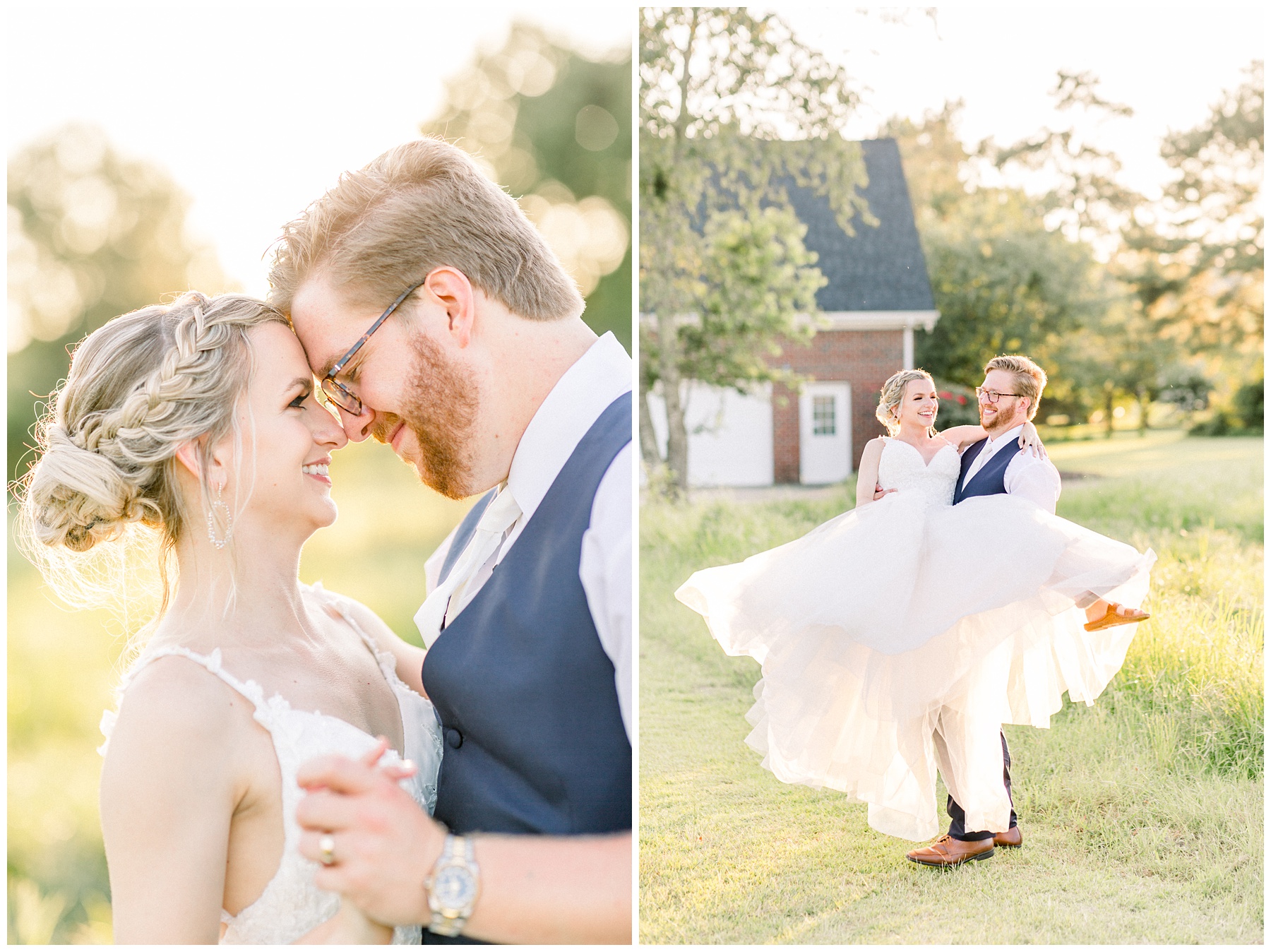 Goldsboro North Carolina sage green and blush Coronavirus wedding. Raleigh NC golden hour bride and groom